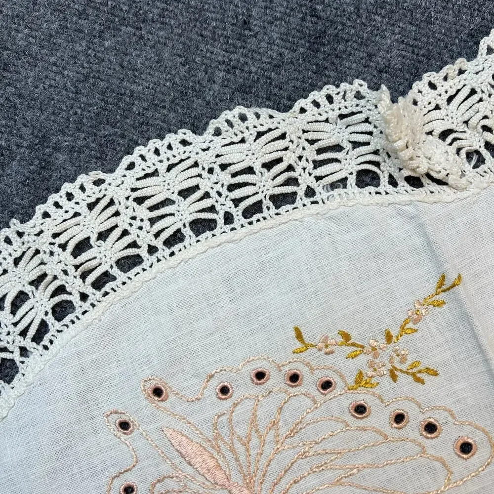 Vintage Embroidered Butterfly Doily Lace Edge Linen Table Topper Hand Made